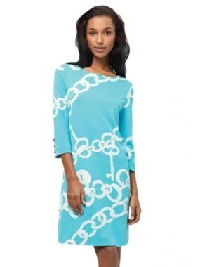 Lilly Pulitzer Jonah Posh Ponte Dress Shorely Blue Ball & Chain Shift Preppy 3/4